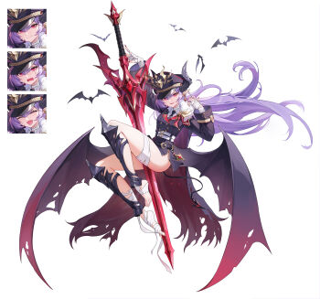 Rule 34 | 1girl, :d, absurdres, bandages, barefoot, bat (animal), belt, black necktie, cape, closed eyes, demon girl, demon horns, demon tail, demon wings, earrings, fang, fingernails, full body, fur collar, gloom (expression), hat, highres, horns, jewelry, kurimui2, long fingernails, long hair, looking at viewer, low wings, military hat, military uniform, multiple expressions, nail polish, necktie, open mouth, original, parted lips, peaked cap, pointy ears, purple hair, red eyes, sharp fingernails, shin guards, skin fang, smile, solo, sword, tail, toenail polish, toenails, torn cape, torn clothes, torn wings, very long hair, weapon, white background, wings