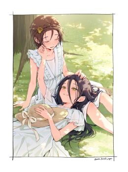 2girls black_hair blush border brown_hair closed_eyes commentary day dress flower grass hair_between_eyes hair_flower hair_ornament hand_on_another's_cheek hand_on_another's_face hand_on_another's_head hat highres kamisaki_hikaru lap_pillow long_hair long_hair_between_eyes looking_at_another lying medalist_(manga) multiple_girls on_back oumi_hrak_npr outdoors parted_lips short_hair sitting smile teeth tree twitter_username untranslatable_commentary unworn_hat unworn_headwear white_dress yellow_eyes yuitsuka_inori yuri