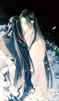 2boys aki_uzuzame bishounen black_background black_hair black_hanfu chinese_clothes closed_eyes commentary_request couple falling_petals field flower flower_field hair_down hair_ribbon half_updo hanfu headband highres hug lan_wangji light_particles long_hair long_sleeves male_focus modao_zushi multiple_boys night night_sky official_alternate_hairstyle parted_lips petals red_ribbon ribbon robe sitting sky smoke twitter_username upper_body very_long_hair watermark wei_wuxian wei_wuxian_(yiling_laozu) white_flower white_hanfu white_headband wide_sleeves yaoi