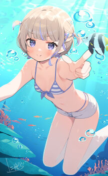 1girl absurdres air_bubble bikini blonde_hair blunt_bangs blush breasts bubble commentary_request coral fish front-tie_bikini_top front-tie_top highres holding_breath hololive hololive_dev_is looking_at_animal multicolored_hair navel nyasunyadoora purple_eyes purple_hair short_hair short_twintails shorts signature small_breasts solo streaked_hair striped_bikini striped_clothes swimsuit todoroki_hajime twintails underwater virtual_youtuber white_shorts