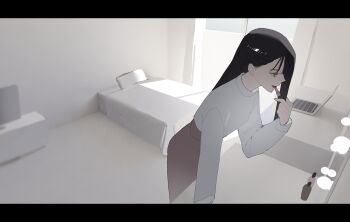 1girl applying_lipstick applying_makeup applying_own_makeup arm_support bed bedroom black_hair choppy_bangs computer cosmetics day feet_out_of_frame from_side hair_behind_ear high-waist_skirt holding holding_lipstick_tube indoors laptop leaning_forward leaning_on_table lipstick_tube long_bangs long_skirt long_sleeves open_mouth original profile red_skirt shadow shirt skirt solo straight_hair turtleneck turtleneck_shirt white_shirt yellow_eyes yomiya_sateko