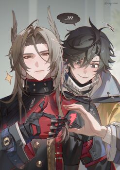 ... 2boys ? ?? ahoge arknights arknights:_endfield artist_name belt black_collar black_gloves black_hair black_jacket black_shirt broken_heart brown_eyes brown_hair buttons closed_mouth collar commentary diamond-shaped_pupils diamond_(shape) endministrator_(arknights) english_commentary feathered_wings fingernails gloves grey_background grey_eyes hair_between_eyes hand_up head_wings heart heart_hands_failure highres jacket long_hair long_hair_between_eyes long_sleeves looking_at_viewer looking_down male_endministrator_(arknights) male_focus multicolored_gloves multiple_boys open_clothes open_jacket pogranichnik_(arknights) red_belt red_gloves shirt short_hair sidelocks simple_background smile sparkle speech_bubble spoken_ellipsis spoken_question_mark sweat sweater symbol-shaped_pupils thumbs_up turtleneck turtleneck_sweater two-tone_gloves upper_body watch weyowang white_sweater wide_sleeves wings wristwatch yellow_jacket