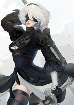 1girl 2b_(nier:automata) arm_behind_head arm_up black_boots black_dress black_gloves black_hairband black_thighhighs blindfold boots breasts cleavage cleavage_cutout clothing_cutout commentary cowboy_shot debris dress feather-trimmed_sleeves gloves grey_hair hairband highres holding holding_sword holding_weapon juliet_sleeves lips long_sleeves medium_breasts mitsuki_nite mole mole_under_mouth nier:automata nier_(series) parted_lips pink_lips puffy_sleeves short_hair solo sword thigh_boots thighhighs thighhighs_under_boots turtleneck turtleneck_dress weapon