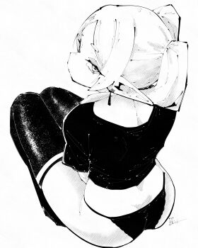 absurdres black_panties black_shirt earrings elf frieren greyscale highres jewelry looking_at_viewer looking_back miregeist monochrome panties pointy_ears shirt sitting sousou_no_frieren thighhighs twintails underwear