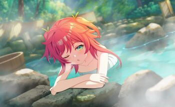 Rule 34 | 1girl, bathing, blurry, blurry background, blurry foreground, blush, bucket, collarbone, commentary request, day, depth of field, fence, game cg, green eyes, hair ribbon, highres, long hair, looking at viewer, nature, nude, official art, one eye closed, onsen, open mouth, outdoors, partially submerged, ribbon, rock, solo, steam, third-party source, towel, two side up, wang xue, water, wet, world dai star