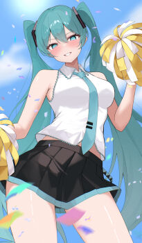 1girl aqua_eyes aqua_hair aqua_necktie armpit_crease bare_arms bare_shoulders black_skirt blue_sky blush breasts cloud collared_shirt commentary_request contrapposto cowboy_shot eikawa_suru grin hair_between_eyes hair_ornament hatsune_miku highres holding holding_pom_poms long_hair looking_at_viewer medium_breasts midriff_peek miniskirt necktie pleated_skirt pom_pom_(cheerleading) pom_poms shirt skirt sky sleeveless sleeveless_shirt smile solo standing thighs twintails very_long_hair vocaloid white_shirt