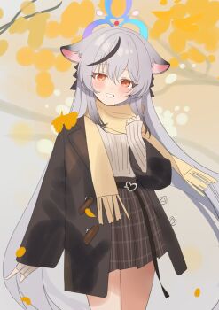 1girl alternate_costume animal_ears black_hair blue_archive blue_halo blush coat cowboy_shot daredattakke grey_hair hair_between_eyes halo highres kokona_(blue_archive) leaf long_hair long_sleeves looking_at_viewer multicolored_hair open_clothes open_coat orange_eyes plaid_clothes plaid_skirt pleated_skirt scarf skirt sleeves_past_wrists smile solo streaked_hair sweater tiger_ears tiger_girl very_long_hair white_sweater yellow_scarf