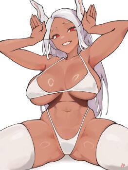 1girl animal_ears armpits artist_logo bikini boku_no_hero_academia breasts bunny_day collarbone dark-skinned_female dark_skin fukuya_art hands_up highleg highleg_bikini highres hip_bones huge_breasts logo long_eyelashes long_hair looking_at_viewer mirko navel parted_bangs rabbit_ears rabbit_girl rabbit_pose red_eyes simple_background sitting smile solo spread_legs stomach swimsuit thick_thighs thighhighs thighs underboob very_long_hair white_background white_bikini white_hair white_thighhighs
