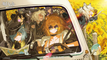 ... 6+girls anger_vein animal_ears arknights baird_(arknights) black_gloves black_hair blonde_hair blowing_bubble_gum blue_hair car chewing_gum chinese_commentary clenched_hand commentary_request copyright_logo copyright_notice dagda_(arknights) delphine_(arknights) driving fangs field flower flower_field fur-trimmed_jacket fur_trim gloves hair_over_one_eye highres holding holding_map indra_(arknights) jacket l_hand logo lollipop_in_mouth map morgan_(arknights) motor_vehicle multiple_girls official_art purple_hair rear-view_mirror seatbelt siege_(arknights) sleep_mask sleeping speech_bubble steering_wheel sticker studded_choker sunflower sunflower_field sunglasses sweat tail tank_top teeth watermark weibo_watermark white_hair white_tank_top wipers xiaolumiaoliya yellow_eyes
