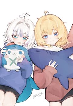 2girls ahoge alternate_hair_color alternate_hair_length alternate_hairstyle artist_name black_shorts blonde_hair bloop_(gawr_gura) blue_hair blue_sweater blush closed_mouth doktahzaki gawr_gura highres holding holding_stuffed_toy hololive hololive_english ikea_shark looking_at_viewer multiple_girls open_mouth red_sweater shorts simple_background smile stuffed_animal stuffed_shark stuffed_toy sweater virtual_youtuber watson_amelia white_background white_hair