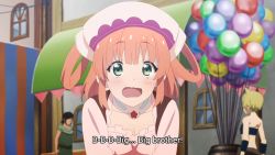 animated balloon black_hair blue_eyes boots brown_footwear brown_gloves choker dress glasses gloves green_eyes hair_rings hands_on_own_hips hug labyrista_(princess_connect!) long_hair multiple_boys multiple_girls orange_hair outdoors ponytail princess_connect! purple_hair red_hair rino_(princess_connect!) shizuru_(princess_connect!) smile sound subtitled town video yuuki_(princess_connect!)