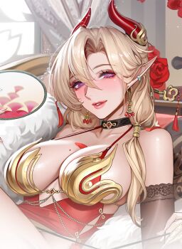 Rule 34 | 1girl, black choker, blonde hair, breasts, character request, choker, collarbone, copyright request, demon girl, demon horns, detached sleeves, dress, earrings, flower, hair between eyes, hair flower, hair ornament, hair stick, hand fan, heart, heart-shaped pupils, holding, holding fan, horns, jewelry, large breasts, parted lips, petals, purple eyes, red dress, red flower, red horns, red petals, red rose, rose, solo, sparkle, symbol-shaped pupils, tassel, tsuki no i-min