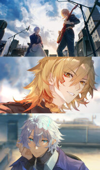 Rule 34 | 2boys, absurdres, antenna hair, arm tattoo, black jacket, black pants, black sweater, blonde hair, blue coat, blue eyes, blue sky, braid, chinese commentary, coat, commentary request, cropped jacket, electric guitar, facial tattoo, gibson les paul, gradient hair, guitar, highres, holding, holding guitar, holding instrument, honkai: star rail, honkai (series), instrument, jacket, kurodrozd, male focus, medium hair, microphone stand, multicolored hair, multiple boys, mydei (honkai: star rail), official alternate costume, outdoors, pants, parted bangs, phainon (honkai: star rail), phainon (luckin coffee) (honkai: star rail), red hair, red tattoo, shirt, short hair, side braid, sky, sweater, tattoo, thigh strap, turtleneck, turtleneck sweater, white hair, white pants, white shirt, yellow eyes