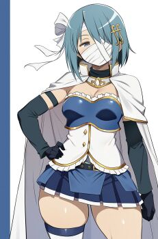 1girl arm_at_side asymmetrical_legwear bandage_on_face bandage_on_forehead bandage_over_one_eye bandages belt black_belt black_gloves blue_eyes blue_hair blue_skirt breasts capelet cleavage commentary_request corset fortissimo gloves hair_ornament hair_over_one_eye hand_on_own_hip highres magical_girl mahou_shoujo_madoka_magica mahou_shoujo_madoka_magica:_walpurgis_no_kaiten medium_breasts miki_sayaka miki_sayaka_(magical_girl) miniskirt musical_note musical_note_hair_ornament nagare_(flow) one_eye_covered short_hair simple_background skirt solo soul_gem thighs white_capelet white_corset
