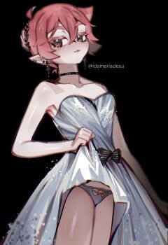 Rule 34 | 1girl, absurdres, ahoge, bare shoulders, black background, black choker, breasts, brown eyes, choker, clothes lift, dress, dress lift, ear piercing, earrings, ebi (idamaria), female pubic hair, grey panties, hair between eyes, highres, idamaria, jewelry, lifting own clothes, looking at viewer, medium breasts, original, panties, piercing, pointy ears, pubic hair, red hair, short hair, solo, strapless, strapless dress, underwear