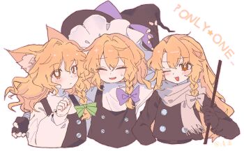 Rule 34 | 3girls, animal ear fluff, animal ears, artist name, black gloves, black vest, blonde hair, blush, bow, braid, bright pupils, chinese commentary, commentary request, english text, fingerless gloves, fox ears, gloves, green bow, hair bow, hat, hat bow, highres, kirisame marisa, long hair, long sleeves, multiple girls, one eye closed, open mouth, purple bow, red eyes, scarf, seiryo0425, side braid, single braid, smile, touhou, vest, white pupils, witch hat, youkai fox (forbidden scrollery), youkai fox (wild and horned hermit)