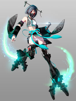 1girl 3d bare_shoulders black_nails blue_hair calne_ca_(deino) censored crop_top deino_(deino3330) detached_sleeves electricity full_body gas_mask gluteal_fold heterochromia highres jewelry lens_flare loincloth looking_at_viewer mask mechanical_arms mechanical_legs midriff nato-kun necklace original red_eyes short_hair single_mechanical_arm skull_necklace solo syringe