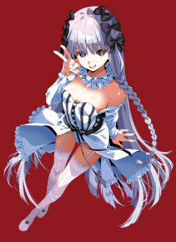 1girl bare_shoulders bow braid breasts cleavage collar commentary_request detached_collar dress fate/strange_fake fate_(series) francesca_prelati_(fate) frilled_collar frills from_above garter_straps grey_eyes hair_bow highres long_hair long_sleeves looking_at_viewer multiple_hair_bows open_mouth panties red_background ringed_eyes small_breasts smile solo strapless strapless_dress thighhighs tsukumo_(soar99) underwear v white_hair white_panties