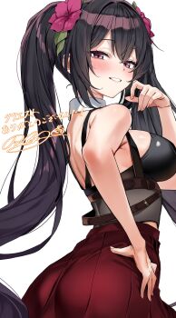1girl absurdres back backless_shirt belt black_hair blush breasts chest_harness commentary commission cowboy_shot cropped_shirt double-parted_bangs flower from_side grey_shirt grin hair_flower hair_intakes hair_ornament hand_on_own_hip hand_to_own_mouth harness highres long_hair looking_at_viewer medium_breasts midriff_peek original parted_lips purple_eyes purple_flower raag_jp red_skirt shirt sideboob signature simple_background skeb_commission skirt smile solo standing strapless strapless_shirt twintails underboob very_long_hair watermark white_background