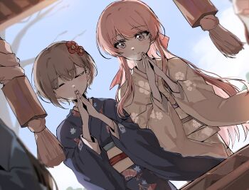 Rule 34 | 2girls, bang dream!, bang dream! it's mygo!!!!!, brown hair, chihaya anon, closed mouth, commentary request, day, dutch angle, floral print, floral print kimono, flower, grey eyes, hair flower, hair ornament, highres, japanese clothes, kimono, long hair, long sleeves, looking at another, multiple girls, outdoors, pink hair, praying, print kimono, short hair, shrine, smile, suudori, takamatsu tomori, wide sleeves
