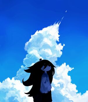 1girl black_eyes black_hair blue_sky commentary day english_commentary expressionless highres long_hair looking_up mushroom_on_head school_uniform serafuku shimeji_simulation sky solo stuffing_scone tsukishima_shijima very_long_hair