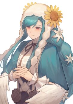1girl absurdres alternate_costume angel_wings black_dress blue_capelet blue_hair bonnet capelet closed_eyes closed_mouth commentary_request dizzy_(guilty_gear) dress flower guilty_gear guilty_gear_strive hair_flower hair_ornament highres linkr long_hair mini_wings official_alternate_costume own_hands_together queen_dizzy simple_background smile solo sunflower sunflower_hair_ornament upper_body white_background white_bonnet wings wrist_cuffs