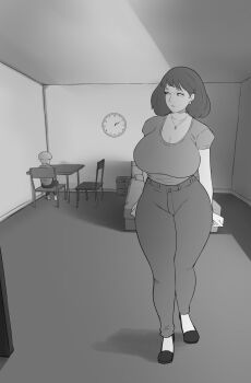 1boy 1girl age_difference ass bed bedroom breasts ear_piercing earrings hannyasan huge_ass huge_breasts jewelry looking_at_viewer looking_back medium_hair monochrome original piercing short_hair shota sitting size_difference