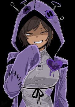 1girl arm_at_side bags_under_eyes black_background breasts buttons earrings gold_earrings grin hand_up heart highres hood hood_up hooded_jacket hyojin_en jacket jewelry limbus_company looking_at_viewer medium_breasts one_eye_closed open_clothes open_jacket outis_(project_moon) project_moon purple_hood purple_jacket purple_sleeves shaded_face shirt short_hair sleeves_past_fingers sleeves_past_wrists smile solo stitches straight-on swept_bangs teeth tsurime turtleneck turtleneck_shirt undershirt upper_body white_shirt yellow_eyes