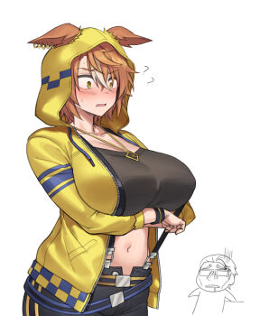 1boy 1girl ? absurdres alternate_breast_size_(larger) animal_ears black_suspenders blush brown_hair commentary_request dicta_striker_(umamusume) ears_through_headwear ears_through_hood fukuro_(maruaru00) gloom_(expression) hair_between_eyes highres hood hooded_jacket hoodie horse_ears horse_girl jacket jewelry kouchi_tadashi long_sleeves multicolored_hair necklace nervous_tama-chan_pose short_hair simple_background solo_focus streaked_hair umamusume umamusume:_cinderella_gray white_background white_hair yellow_eyes yellow_hood yellow_hoodie yellow_jacket