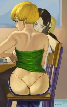 2019 2girls artist_name ass back bare_arms bare_shoulders black_gloves black_hair blonde_hair blue_eyes book bracelet butt_crack chair classroom closed_mouth dated denim dimples_of_venus dragon_ball dragonball_z earrings erasa_(dragon_ball) fingerless_gloves flashing from_behind g-string gloves green_tube_top highres indoors jeans jewelry looking_at_viewer looking_back multiple_girls no_bra panties pants pixie_cut presenting red_panties revealing_clothes short_hair sitting sitting_sideways smile strapless thong tube_top twintails underwear videl wazu-san whale_tail_(clothing) window
