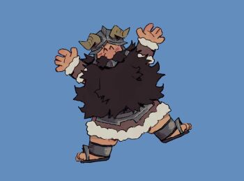 1boy ^_^ beard blue_background closed_eyes deformed dungeon_meshi dwarf facial_hair facing_viewer fake_horns full_body happy helmet highres horned_helmet horns long_beard male_focus mustache outstretched_arms senshi_(dungeon_meshi) sharkflan solo spread_arms thick_mustache very_long_beard