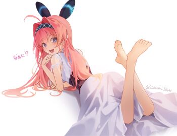 1girl ahoge barefoot blue_eyes blush coeur crossed_ankles dress fang feet feet_up from_behind full_body grey_eyes hair_intakes hair_ornament hairband highres lishenna_(shadowverse) long_hair looking_at_viewer looking_back lying on_stomach open_mouth pink_hair shadowverse shadowverse:_worlds_beyond simple_background smile solo the_pose toes very_long_hair white_background white_dress