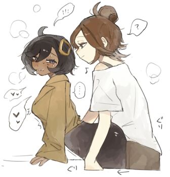 ! !! ... 2girls ? ahoge arrow_(symbol) black_bodysuit black_hair bodysuit breasts brown_eyes brown_hair brown_jacket bulge bulge_to_ass chamopichamo commentary_request dark-skinned_female dark_skin dry_humping emma_(pokemon) from_side hair_bun hand_on_table harmony_(pokemon) heart highres humping invisible_table jacket latex latex_bodysuit looking_at_another looking_back multiple_girls musical_note nintendo off-shoulder_shirt off_shoulder pokemon pokemon_legends:_z-a purple_eyes shirt short_hair speech_bubble spoken_ellipsis spoken_exclamation_mark spoken_heart spoken_question_mark sweat trembling white_background yuri