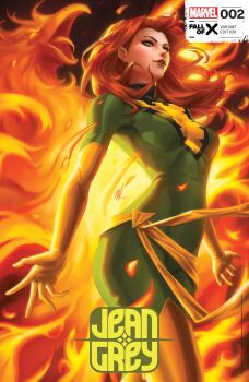 Rule 34 | 1girl, absurdres, bird, bodysuit, boots, breasts, character logo, character name, comic cover, company name, copyright logo, copyright name, cover, cover page, cowboy shot, ejikure, elbow gloves, fire, floating hair, gloves, green bodysuit, green eyes, highres, jean grey, logo, long hair, marvel, medium breasts, official art, orange hair, parted lips, phoenix, phoenix (x-men), sash, signature, solo, superhero costume, thigh boots, x-men, yellow boots, yellow gloves, yellow sash