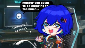 1girl :d aroused_nosebleed arrow_(symbol) artist_name belle_(zenless_zone_zero) black_shirt blood blue_eyes blue_hair chair chromatic_aberration crossed_bangs cum earrings english_text excessive_nosebleed fairy_(zenless_zone_zero) fingerless_gloves game_screenshot_background gaming_chair gloves hair_between_eyes hair_ornament indoors jacket jewelry mesaria_art monitor nosebleed open_mouth orange_gloves projectile_cum screenshot_background shirt short_hair single_fang single_glove smile speech_bubble swivel_chair turtleneck upper_body zenless_zone_zero