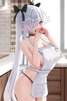 Rule 34 | 1girl, absurdly long hair, absurdres, apron, black bow, black choker, black panties, blush, bow, box, breasts, choker, cinderella (nikke), cleavage, goddess of victory: nikke, hair bow, heart, heart-shaped box, highres, indoors, kitchen, large breasts, long hair, looking at viewer, nearly naked apron, panties, red eyes, s redbutterfly, sideboob, solo, twintails, underwear, valentine, very long hair, white hair