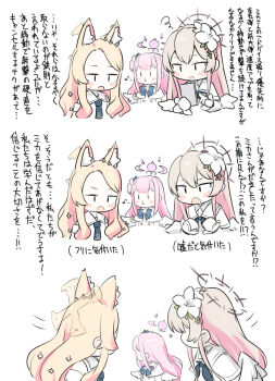 3girls :o blonde_hair blue_archive blue_bow blue_flower blush_stickers bow braid brown_hair capelet chibi crescent crown_braid detached_sleeves dress eighth_note flower forehead hair_bun hair_flower hair_ornament halo highres long_hair mika_(blue_archive) miranofuudoria multiple_girls musical_note nagisa_(blue_archive) o3o open_mouth parted_bangs pink_hair seia_(blue_archive) simple_background single_side_bun translation_request very_long_hair whistling white_background white_capelet white_dress white_flower white_sleeves white_wings wings |_|