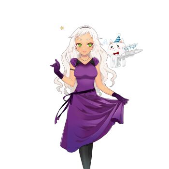 1girl animal black_hairband black_pantyhose breasts clothes_lift commentary_request dark-skinned_female dark_skin dress dress_lift gloves green_eyes hairband long_hair medium_breasts merueto mylene_halley pantyhose purple_dress purple_gloves tan uchi_no_hime-sama_ga_ichiban_kawaii white_hair