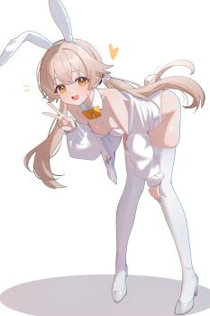 1girl absurdres animal_ears blue_archive breasts commentary detached_collar fake_animal_ears full_body hifumi_(blue_archive) highres leaning_forward leotard long_hair playboy_bunny rabbit_ears rabbit_tail shusuchii small_breasts solo strapless strapless_leotard symbol-only_commentary tail thighhighs twintails v white_background white_leotard white_thighhighs