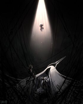 Rule 34 | 2girls, absurdly long hair, arthropod girl, black skin, bodysuit, colored skin, dark, faceless, giant, giantess, grand mother silk (hollow knight), hashtag-only commentary, hat, highres, holding, holding weapon, hollow knight, hollow knight: silksong, juliet sleeves, lace (hollow knight), long hair, long sleeves, looking at another, looking down, looking up, marchel45952219, mother and daughter, multiple girls, no mouth, pin (hollow knight), puffy sleeves, spoilers, spotlight, tendril, very long hair, weapon, white bodysuit, white eyes, white hair, white hat