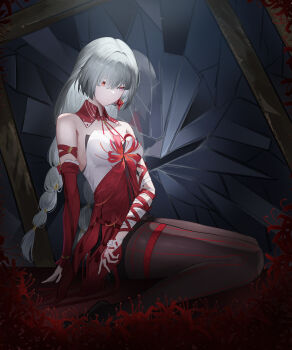 Rule 34 | 1girl, absurdres, bandaged arm, bandages, bare shoulders, black pantyhose, braid, breasts, broken glass, commentary, detached sleeves, dress, earrings, glass, grey eyes, grey hair, halter dress, halterneck, heterochromia, highres, jewelry, kojy 2524, large breasts, long hair, low twin braids, pantyhose, phrolova (wuthering waves), red dress, red eyes, single detached sleeve, sitting, solo, twin braids, wuthering waves