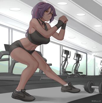 1girl abs absurdres ankle_socks artist_name bare_legs bare_shoulders black_shoes bleach breasts dark-skinned_female dark_skin exercise_machine exercising full_body gym hair_between_eyes hair_ribbon high_ponytail highres indoors large_breasts long_hair midriff nike_(company) ponytail purple_hair red_ribbon ribbon shellvi shihouin_yoruichi shoes short_shorts shorts sneakers socks solo sports_bikini sports_bra standing sweat sweatband toned weights white_socks wristband yellow_eyes