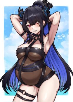 1girl arm_belt armpits arms_behind_head arms_up artist_name asymmetrical_horns bad_tag belt belt_collar big_belly black_flower black_hair black_horns blue_hair blue_sky blush border braid breasts casual_one-piece_swimsuit cloud collar colored_inner_hair commentary corrupted_twitter_file cowboy_shot demon_horns english_commentary flower grin high_ponytail highres hololive hololive_english horn_flower horns large_breasts long_hair long_sidelocks looking_at_viewer mole mole_on_thigh mole_under_eye multicolored_hair nerissa_ravencroft nerissa_ravencroft_(holonatsu_paradise) o-ring o-ring_thigh_strap ocean official_alternate_costume one-piece_swimsuit one_eye_closed outside_border ponytail ponytail_with_braided_base pregnant red_eyes rotomdocs sidelocks signature sky smile solo standing swimsuit thigh_belt thigh_strap two-tone_hair uneven_horns very_long_hair virtual_youtuber white_border