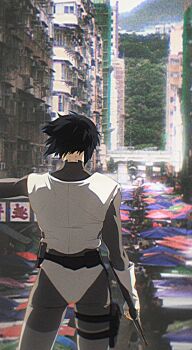 1girl absurdres aizheajsee apartment belt black_hair bodysuit building bulletproof_vest city from_behind ghost_in_the_shell gloves grey_bodysuit highres holster kusanagi_motoko photo_background road short_hair solo street subdermal_port thigh_holster thigh_strap white_gloves