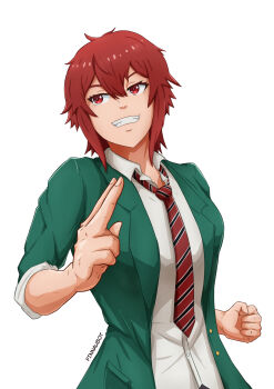 1girl aizawa_tomo artist_name clenched_hand commission fin_naubot grin highres necktie red_eyes red_hair red_necktie school_uniform shirt short_hair simple_background smile solo striped_necktie tomboy tomo-chan_wa_onna_no_ko white_background white_shirt