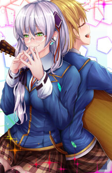 2girls absurdres asakura-siki back-to-back blush brown_hair commentary_request crossed_fingers glasses green_eyes grey_hair guitar heaven_burns_red highres holding holding_guitar holding_instrument instrument izumi_yuki_(heaven_burns_red) kayamori_ruka multiple_girls school_uniform