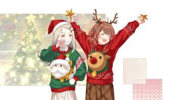 2girls antlers bell black_hair blonde_hair brown_hair christmas christmas_ornaments christmas_stocking christmas_tree closed_eyes fake_facial_hair fake_mustache gakuen_idolmaster game_cg hair_ornament hairclip hanami_ume hat holding idolmaster multicolored_hair multiple_girls official_art open_clothes open_mouth orange_eyes red_hair reindeer_antlers santa_hat shinosawa_hiro sweater