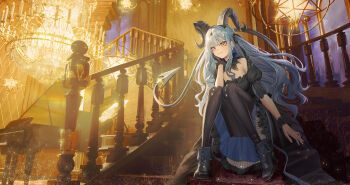 1girl absurdres arknights bang_dream! bang_dream!_it&#039;s_mygo!!!!! black_boots black_dress black_gloves black_horns black_pantyhose black_ribbon blue_hair boots breasts chandelier closed_mouth curled_horns demon_tail detached_collar dress frilled_dress frills full_body gloves hair_ribbon hand_on_own_cheek hand_on_own_face highres horn_ornament horn_ring horns indoors instrument knees_up large_breasts light_particles long_hair looking_at_viewer pantyhose piano ribbon sidelocks single_glove sitting sitting_on_stairs smile solo stairs tail tail_ornament tail_ring togawa_sakiko togawa_sakiko_(master_of_melodia) two_side_up wrist_cuffs xian_shui_chang_chong yellow_eyes