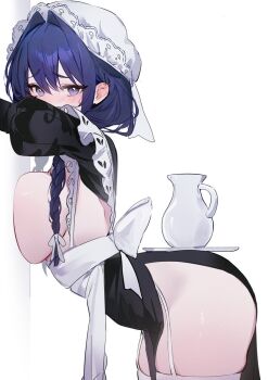 1girl apron arched_back ass back_bow black_dress blue_eyes blue_hair blush bow braid breast_press breasts breasts_out commentary covered_mouth dress from_side garter_belt hair_between_eyes hair_intakes hat highres hololive hololive_english juliet_sleeves large_breasts long_hair long_sleeves looking_at_viewer low_twin_braids maid_apron mob_cap no_bra object_on_ass official_alternate_costume official_alternate_hairstyle ouro_kronii ouro_kronii_(maid) puffy_sleeves side_slit sideboob solo teapot thighhighs tray twin_braids virtual_youtuber white_apron white_bow white_thighhighs woppuru