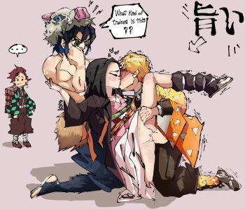 agatsuma_zenitsu bad_tag black_hair black_robe blonde_hair brown_hair checkered_sash demon_girl demon_slayer_uniform dialogue_box full_body green_eyes green_kimono hashibira_inosuke japanese_clothes kamado_nezuko kamado_tanjirou kimetsu_no_yaiba kimono kiss legs loli nude penis pink_kimono pussy robe sex short_hair yellow_kimono